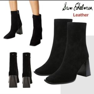Sam Edelman Ivette Leather Suede Ankle Boot Black Block Square Toe Zip Women 8
